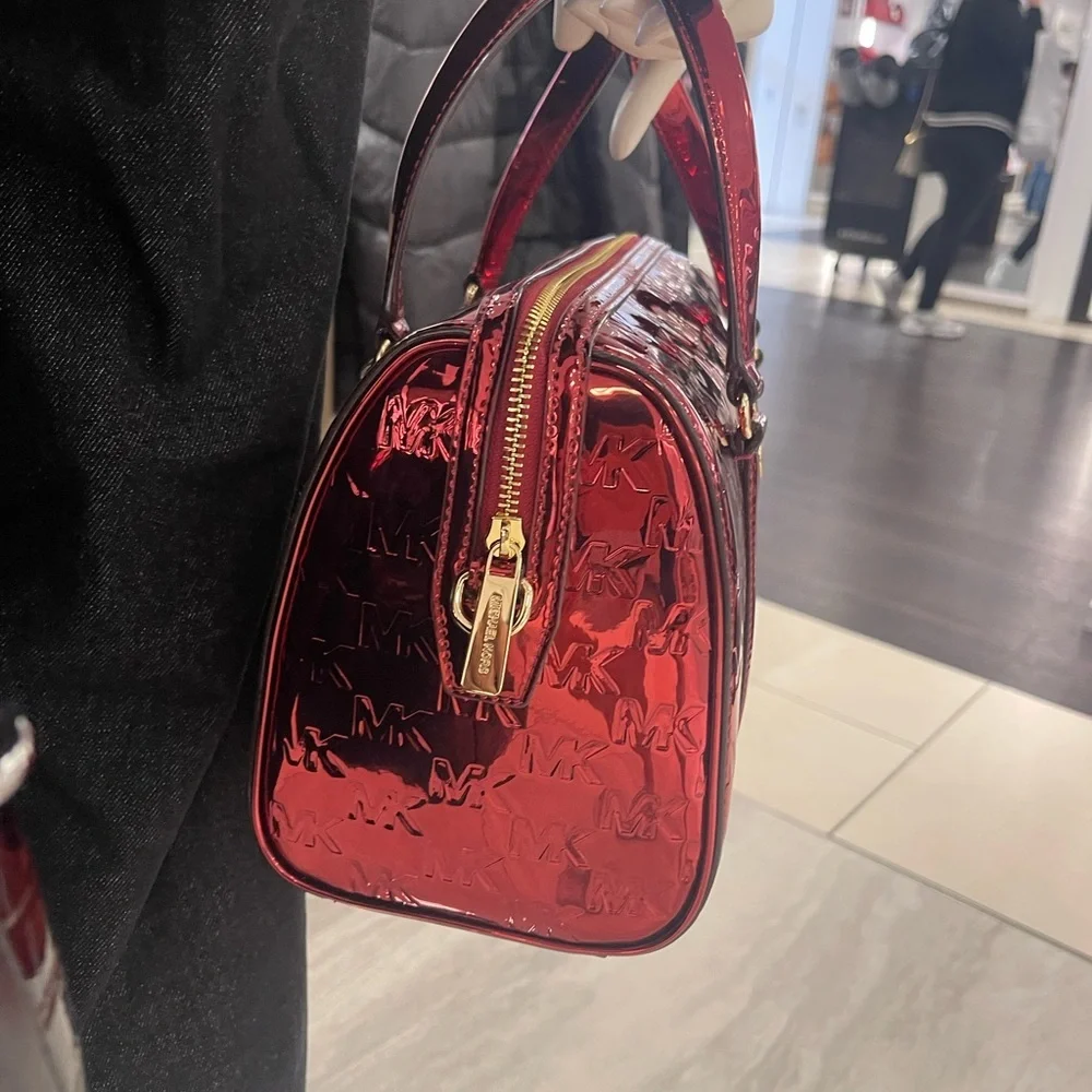 MICHAEL KORS Jet Set Medium Metallic Logo Debossed Satchel Cherry  NWT